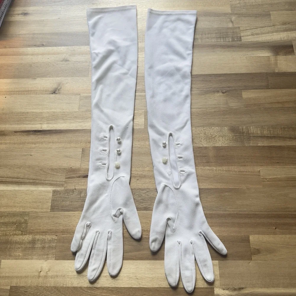 VTG 1960's WHITE Grandoe Opera-length Long Gloves W/ Pearl Buttons 100% Nylon